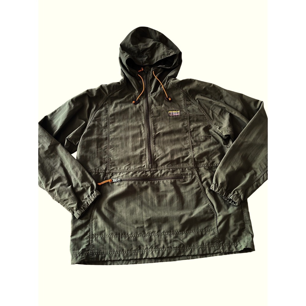 LL Bean Mens Mountain Classic Anorak Olive Green Packable Pullover Jacket L REG